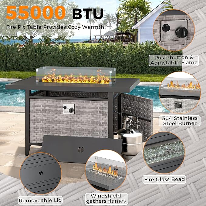 14-Seat Outdoor Wicker Patio Furniture Set with Fire Pit Table, Modular Rattan Sectional Sofa & 2 Swivel Rocking Chairs, 4" Thick Cushions, Rust-Resistant Frame,Black