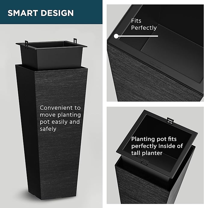 Verel Set of 2 Tall Outdoor Planters - 24 Inch Large with Small Planting Pots – Indoor and Outdoor Rectangular Flower Pots for Front Door, Patio and Deck (Black)