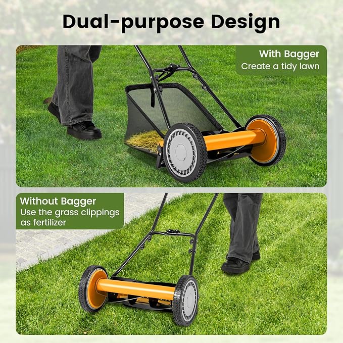16-inch 5-Blade Push Reel Lawn Mower, Walk-Behind Grass Cutter w/Removable 7 Gallon Grass Catcher Bag & Adjustable Cutting Height, Cordless Manual Lawn Mower for Garden, Lawn, Yard (Orange) - Image 6