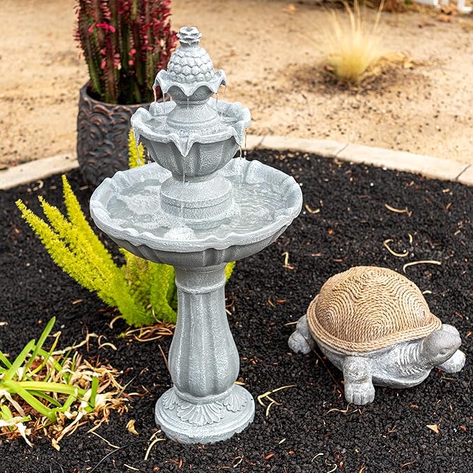 XBrand 36.2" Solar Powered 2-Tier Outdoor Water Fountain, Resin Fountain with Solar Panel Pump, Gray