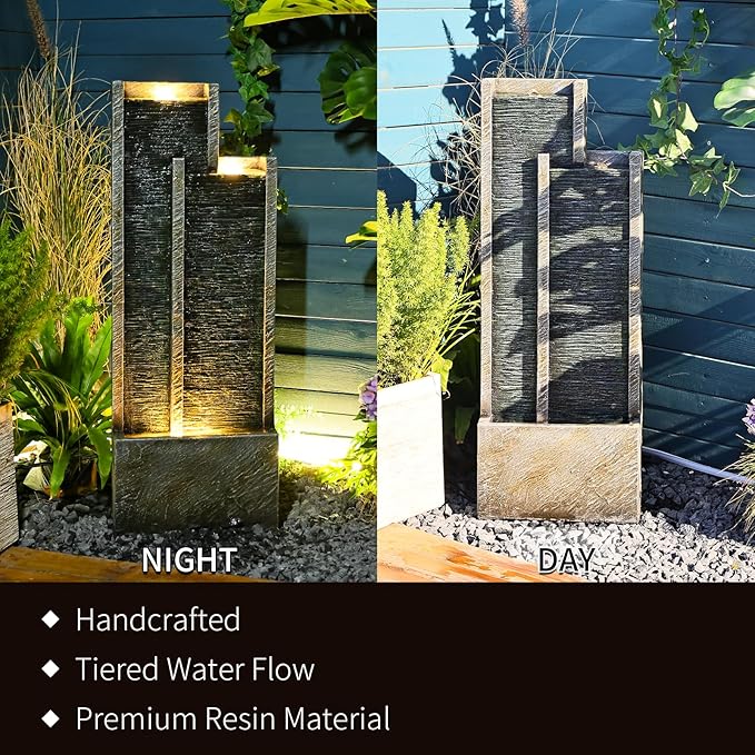 35” Modern Double Column Waterfall Fountain - Outdoor Water Fountain with LED Lights, Freestanding Waterfall Feature for Garden, Patio, Deck, Porch, and Home Decor, Rectangular Resin Design