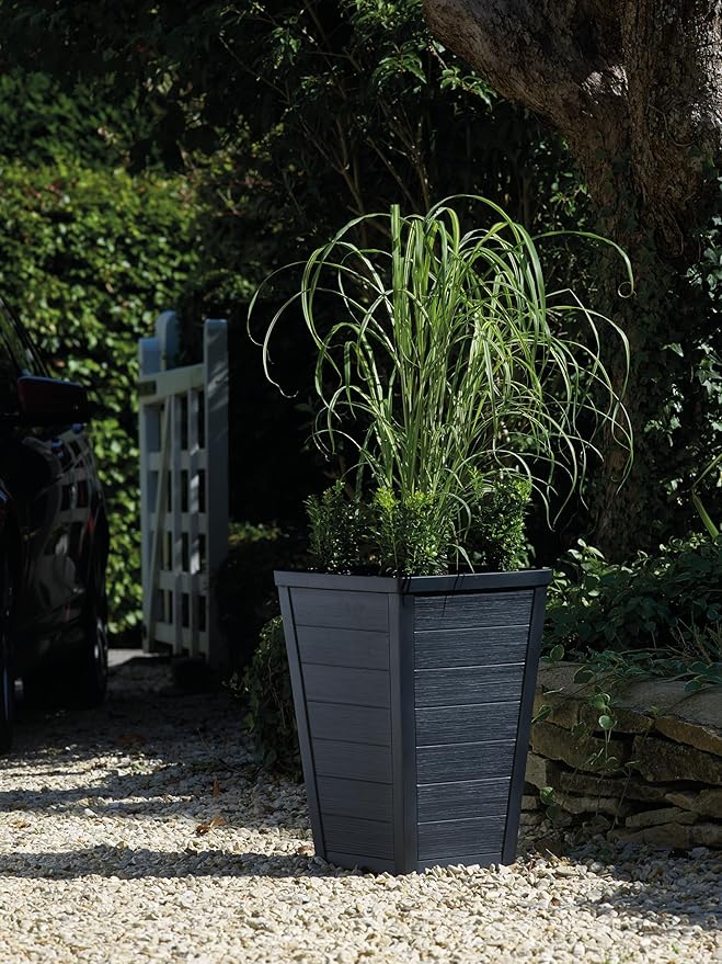Keter Set of 2 Modern 22‑Inch Tall Outdoor Flower Pots – Large Resin Tapered Planters for Outdoor Plants, Front Porch & Patio Decor, Wood‑Look Design, Graphite