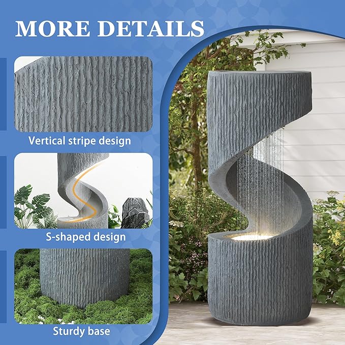 31.9" Outdoor Garden Water Fountain, S-Shaped Cascading Fountains and Waterfalls with LED Lights & Splash-Proof Net, Indoor/Outdoor Floor Standing Water Feature for Patio, Backyard, Home Decor