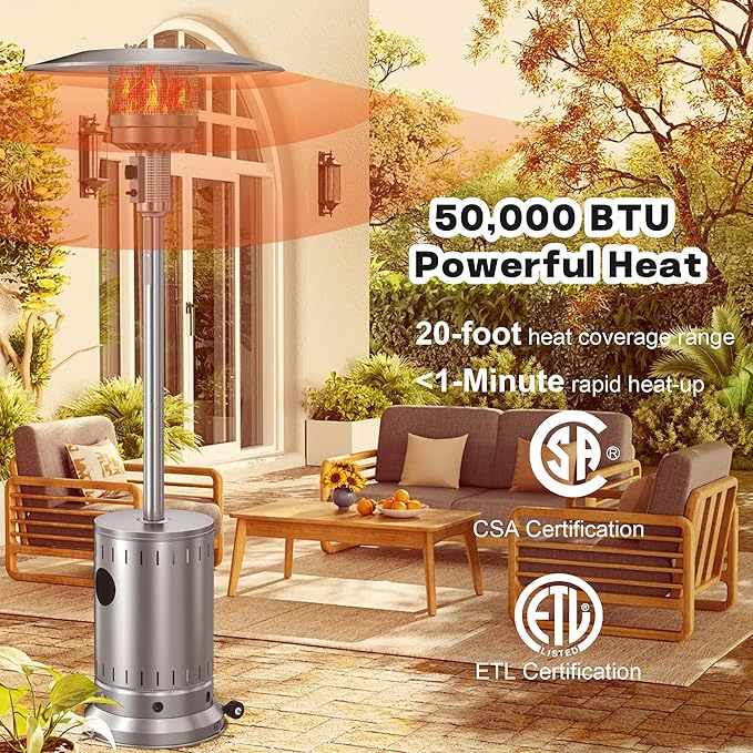 50,000 BTU Stainless Steel Patio Heater - Propane Patio Heater with Double-Layer Stainless Steel Burner, Space Heater, Outdoor Heaters with Wheels Used for Garden, Patio and Residential