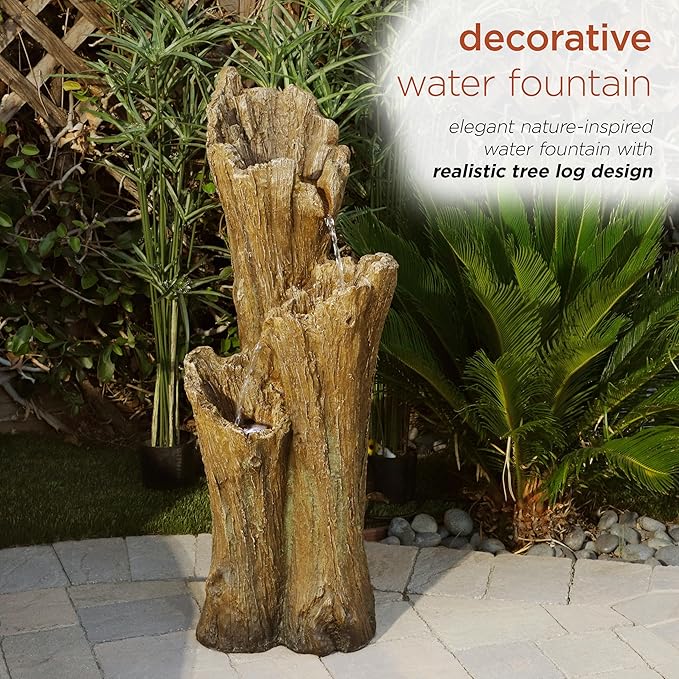 Alpine Corporation TZL210 39” Outdoor 3-Tiered Aged Log Water Fountain with LED Lights – Garden Water Feature for Patio, Lawn & Yard Decoration, Brown
