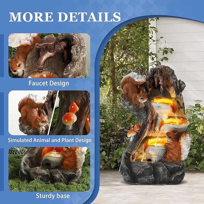 Outdoor Garden Water Fountain with Cascading Rock, 4-Tiers Fountains and Waterfalls with LED Lights,Indoor/Outdoor Morden Floor Standing Water Feature w/2 Squirrel Decor for Patio, Backyard