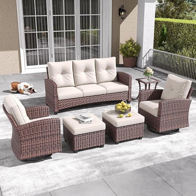 LayinSun 6 Pieces Patio Furniture Set with Swivel Chairs, Rattan Wicker Rocking Glide Chairs with Coffee Table Conversation Set