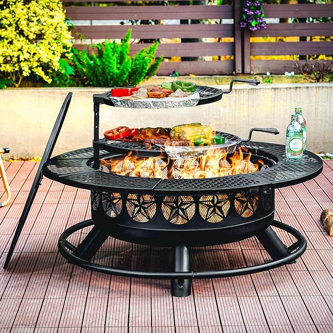 Verdeluxe 42 Inch BBQ Fire Pit with 2 Grills,3-in-1 Outdoor Round Metal Fire Pit Table with Lid,Fire Poker,Large Outdoor Wood Burning Firepits for Outside,Picnic,Bonfire Backyard Patio(Black) - Image 2