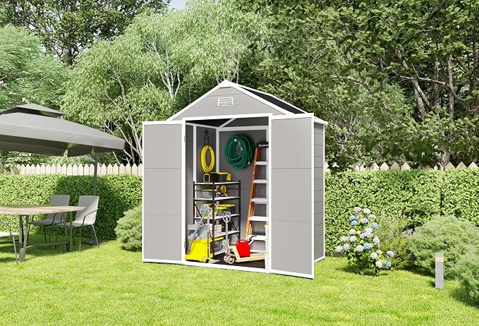 YOPTO 6x5 FT Resin Storage Shed,Garden House with Floor & Lockable Door,Waterproof Plastic Tool Sheds W/Slanting Roof Visual Window & Air Vents for Bicycles,Lawnmowers,Lawn,All Weather Use,Gray - Image 9
