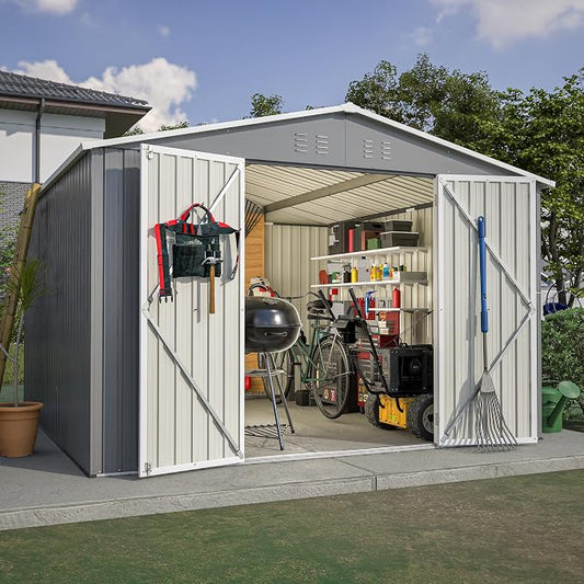 YOPTO 10×10 FT Outdoor Storage Shed,Metal Aluminum Waterproof Tool Sheds with Doors and Vents,Heavy-Duty Sheds Unit W/Lock and Key,for Storing Bicycles,Lawnmowers,Barbeques,Gray by Unknown