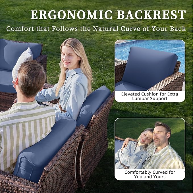 UDPATIO Patio Furniture Set, 6 Pieces Outdoor Furniture Sets with Rocking Swivel Chairs, Wicker Rattan Outdoor Conversation Set with Storage Table and Waterproof Covers for Backyard, Deck, Porch, Navy