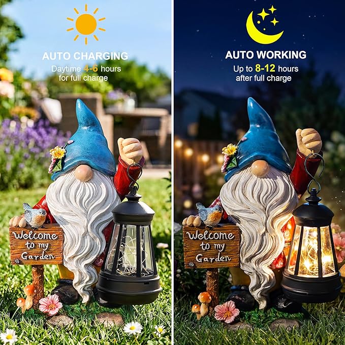 Garden Gnome Statues Figurine Lights - Solar Powered Lighting Outdoor Decorations with Lantern & Welcome Sign, Yard Art Lawn Ornaments for Porch Patio Balcony - Gnome Gifts for Women Mom