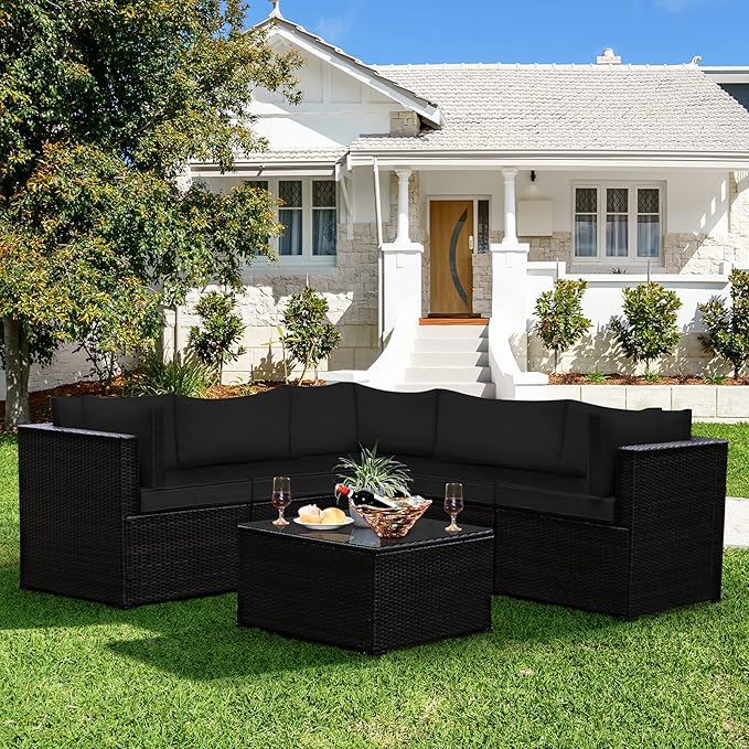 Tangkula 6 Pieces Patio Furniture Set, Outdoor Rattan Sofa Set, Wicker Conversation Set w/Tempered Glass Coffee Table & Cushions, Sectional Sofa Set for Backyard, Garden, Balcony, Poolside (Black)