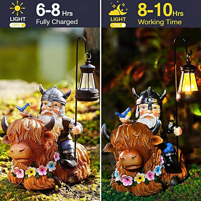 Garden Gnome Outdoor Statue Highland Cow Decor for Yard Patio Lawn Porch Birthday Gifts for Women Men, Mother’s Day, Housewarming with Solar Light Gnome Decor for Outside
