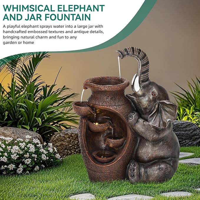 19" H Elephant Jar Outdoor Water Fountain, Rustic Farmhouse Water Feature with Tranquil Cascading Waterfall, Relaxing Garden Patio Yard Deck Kitchen Floor Tabletop Decor
