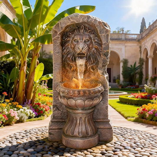 30" Majestic Lion Head Outdoor Water Fountain, Rustic Stone Pedestal Cascading Water Feature with Warm LED Lights, Tranquil Oasis for Outside Garden Patio Yard Decor