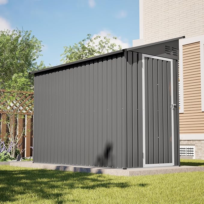 YOPTO 4×8 FT Lean to Metal Shed,Outdoor Heavy-Duty Storage Shed with Floor Base,All Weather Waterproof Garden Tool House W/Lockable Door&2 Air Vents,Reversible Door Design,for Backyard,Patio,Lawn,Gray - Image 5