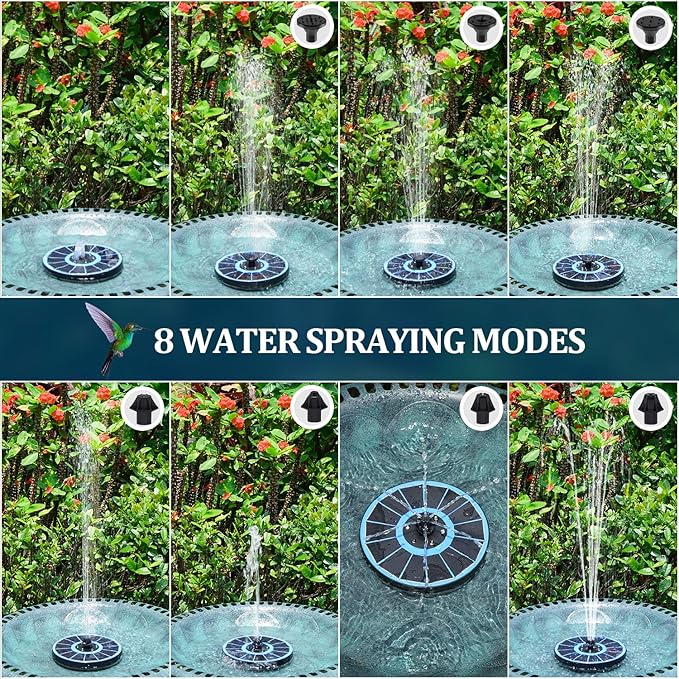 Solar Fountain New, 3.5W Solar Bird Bath Fountains with Glass Panel, 2200 Battery, Hummingbird Water Features with Color LED Lights, 8 Spray Modes & 4 Fixed Pipes for Garden, Pool, Pond
