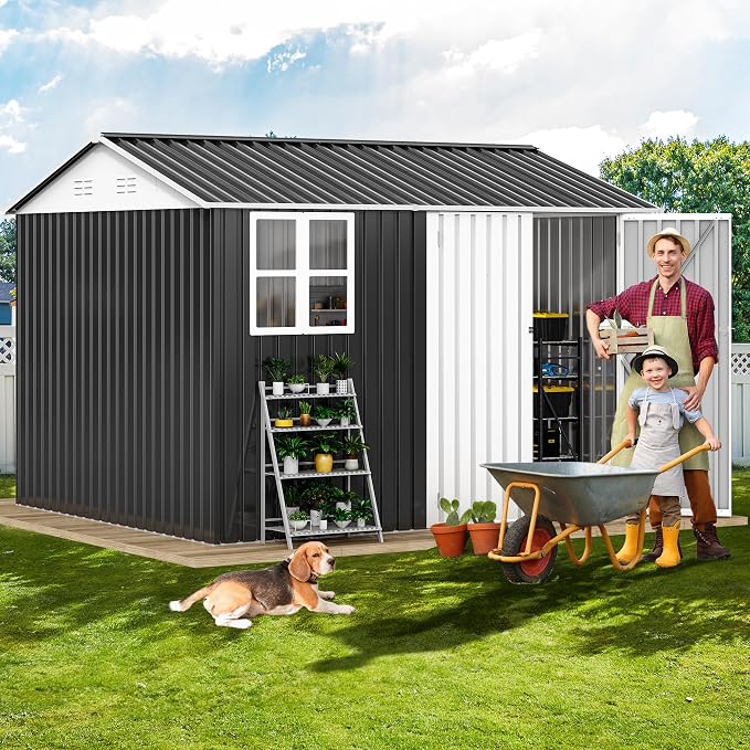 DWVO 10' x 8' Outdoor Storage Shed, Waterproof Metal Garden Shed with Windows, Lockable Doors, and Sloped Roof for Patio, Backyard, Lawn, Tool Storage, Bike Shed, Pet Shelter (Gray + White) - Image 2