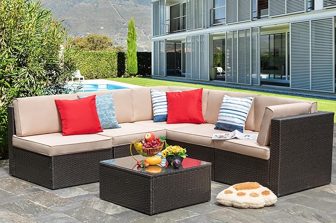 Vongrasig 7 Piece Patio Furniture Set with Propane Fire Pit, Outdoor Conversation Sets Wicker Rattan Sectional Sofa with Coffee Table, 43” Propane Gas Firepit Table with Lid, Beige