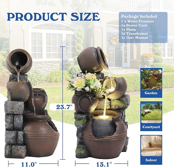 Outdoor Cascading Rock Water Fountain, 4-Tiers Fountains and Waterfalls with LED Lights, Indoor Freestanding Resin Waterfall Feature w/Pump for Patio, Garden, Backyard, Deck, Porch, Home Decor