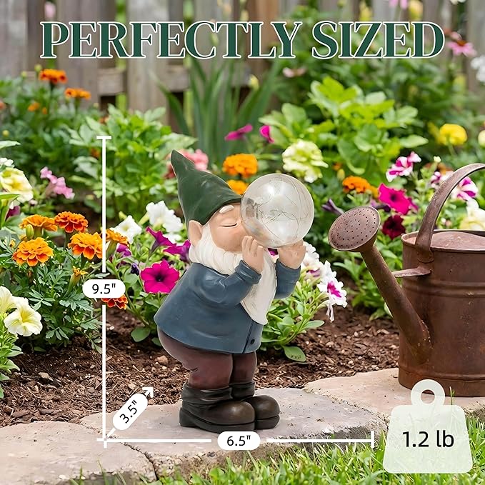 Solar Garden Gnome Statue with Light-Up Bubble, Whimsical Outdoor Decor Figurine with LED Fairy Lights for Patio, Lawn, Yard Art - Unique Waterproof Resin Gardening Gift