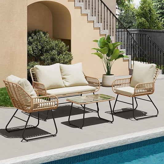 LEX CRAFT 4-Piece Outdoor Patio Furniture Set with Cushions & Tempered Glass Table, All-Weather Rattan Bistro Set with Loveseat Chairs Table Soft Cushions for Garden, Porch, Backyard (Yellow)
