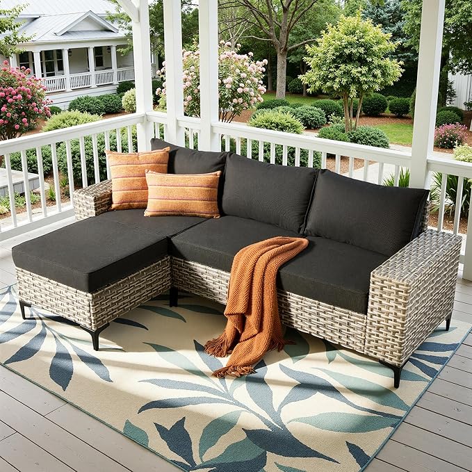 Patio Furniture Set, 4 Pieces Outdoor Wicker Conversation Sets with Coffee Table Outdoor Sectional Sofa for Balcony Backyard Poolside Garden Lawn (Black)