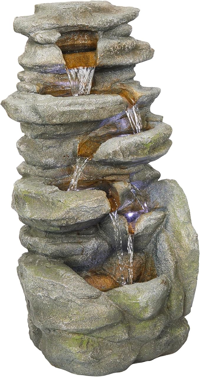 Alpine Corporation 24" H Outdoor Waterfall Floor Fountain with White LED Lights, Gray