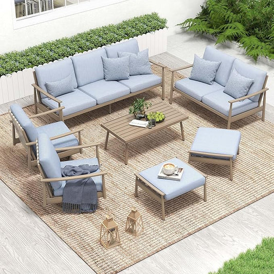 HAPPATIO Patio Outdoor Furniture Set - 7 Pieces Aluminum Outdoor Conversation Set Includes 1 Three-Seater Sofa, 1 Loveseat, 1 Coffee Table, 2 Swivel Chairs and 2 Ottomans for Porch, Lawn (Brown)