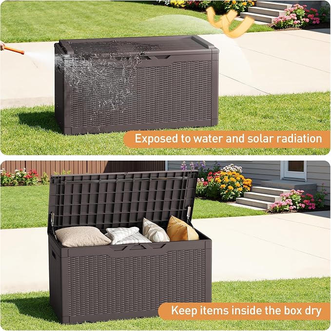 Greesum 100 Gallon Resin Deck Box Large Outdoor Storage Boxes with Cushions for Garden Tools, Patio Furniture Pillows, Pool Supplies, Dark Brown - Image 4
