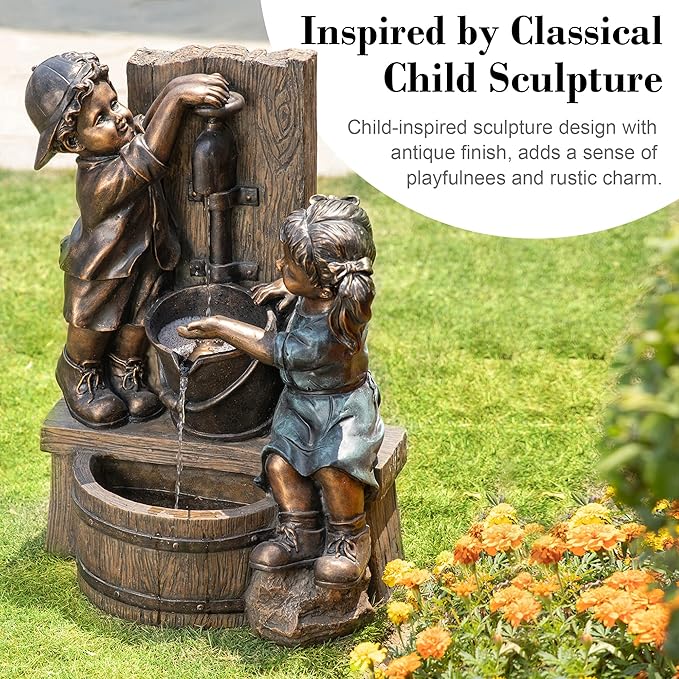 Glitzhome Outdoor Water Fountain with LED Light, Children Playing with Faucet Waterfall Fountains, Antique Bronze Resin Boy and Girl Statue Outdoor Waterfall Fountain for Patio Backyard Garden, 25”H