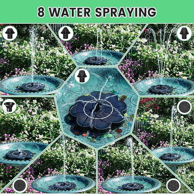 SZMP Solar Water Fountain with Flower Pattern No Battery,Faster Conversion Solar Bird Bath Fountains Glass Solar Panel,Solar Fountain for Bird Bath Garden Small Ponds Outdoor Décor