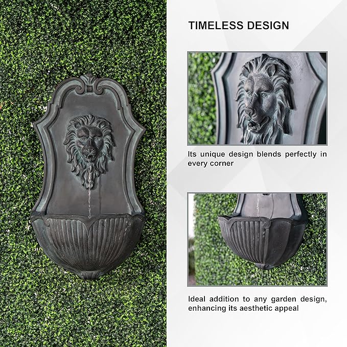 XBrand 26" Solar-Powered Wall-Mounted Lion Head Fountain, Resin, Outdoor, Gray