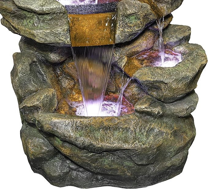 Alpine Corporation 51" Tall 6-Tier Outdoor Rainforest Waterfall Floor Fountain, Weather-Resistant Design with Color-Changing LED Lights & Remote Control, Gray
