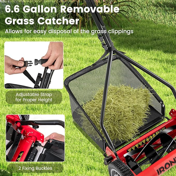 IRONMAX Lawn Mower, 14 Inch Push Reel Lawn Mower with 5 Steel Blades, Adjustable Cutting Heights, Grass Catcher Bag, Walk-Behind Manual Lawnmower for Garden Park Yard, No Motor (Red, 14 Inch) - Image 6