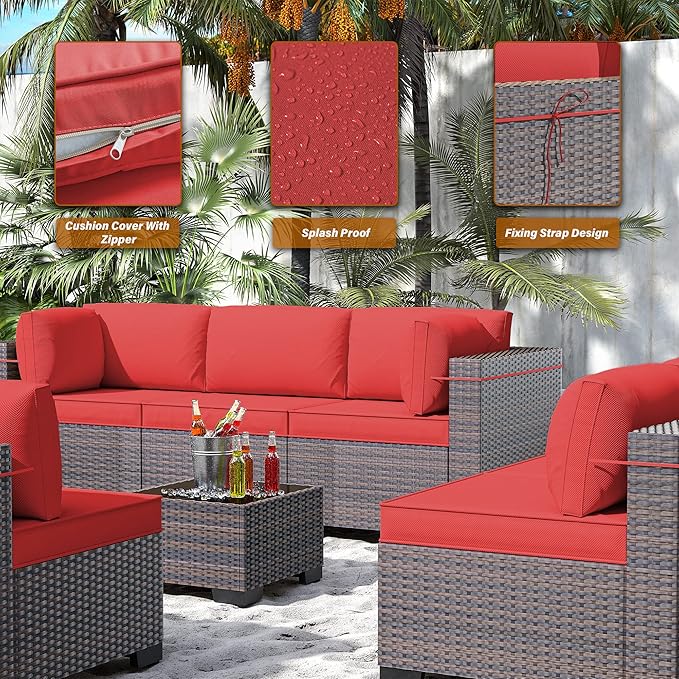 14 Pieces Outdoor Patio Furniture Set,Outdoor Sectional Furniture All Weather PE Rattan Wicker Patio Conversation Set with 2 Coffee Tables and 12 Thickened Cushions,Red
