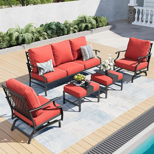 7 Piece Metal Outdoor Patio Furniture Set, Patio Conversation Sets 3-Seater Sofa, 2 Rocking Chair, 2 Ottomans with 5.75" Thick Cushion, Black All-Weather Frame Backyard Furniture, Red