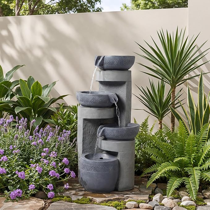 31.5" Tall Outdoor Water Fountain, 4 Tier Cascading Bowls and Stacked Water Fountain with LED Lights, for Yard Décor, Backyard, Patio and Deck (31.5'')