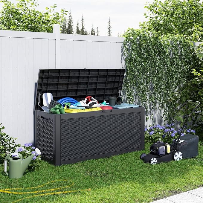 PatioZen 120 Gallon Resin Deck Box, Lockable Weatherproof Outdoor Storage Box for Furniture, Garden Tools and Tools Storage, Waterproof Outside Storage Boxes - Black - Image 7