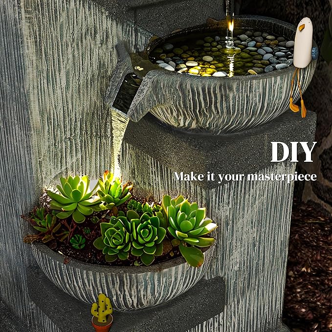 Outsunny 33.5" Tall Outdoor Water Fountain, 4-Tier Floor Standing Resin Cascading Bowls Waterfall Fountain with LED Lights, Pump for Garden, Patio, Backyard