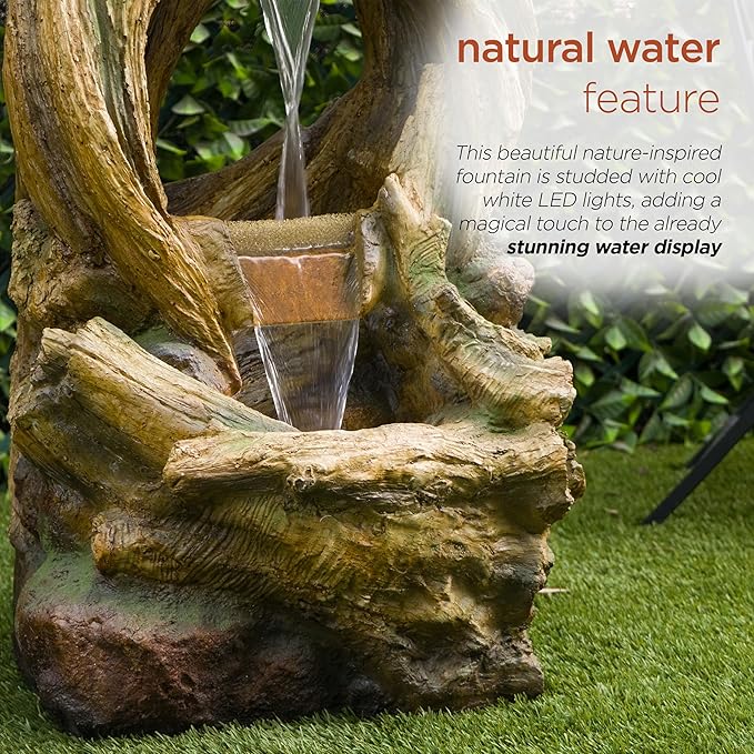 Alpine Corporation 40" Tall Open Tree Trunk Floor Fountain with Cool White LED Lights, Tiered Garden Decor, Brown
