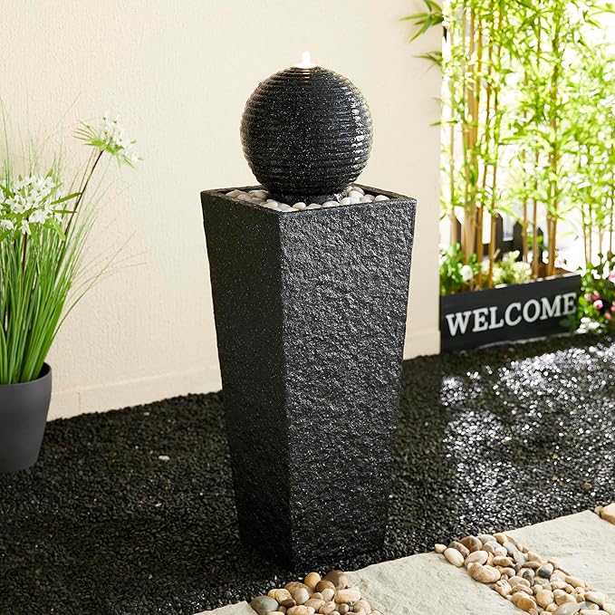 Glitzhome Outdoor Water Fountain with LED Light, Oversized Decorative Black Pedestal Water Fountains with Submersible Pump, Modern Sphere Floor Fountain with Pebbles for Garden Patio Decor, 40.25" H
