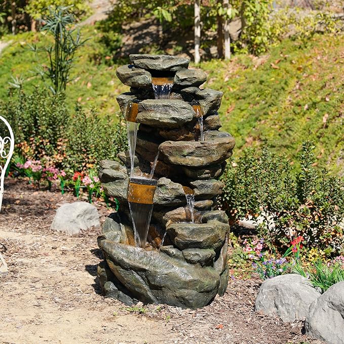 Alpine Corporation 51" Tall 6-Tier Outdoor Rainforest Waterfall Floor Fountain, Weather-Resistant Design with Color-Changing LED Lights & Remote Control, Gray