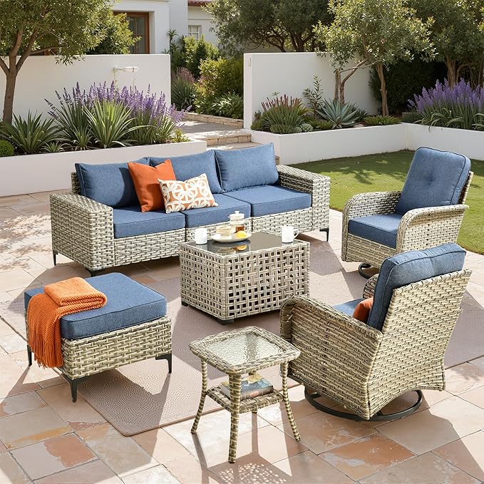 Patio Furniture Set, 8 Pieces Outdoor Wicker Conversation Sets with 2 Wicker Rocking Chair & Coffee Table Outdoor Sectional Sofa for Balcony Backyard Poolside Garden Lawn (Blue)
