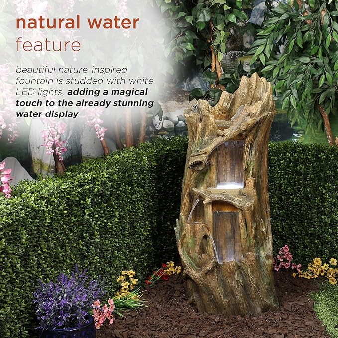 Alpine Corporation TZL346 Outdoor 3 Tier Tree Trunk Floor Fountain with Cool White LED Lights, Tiered Garden Decor, 40" H, Brown
