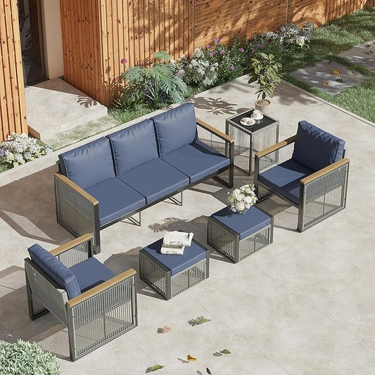 HOMREST 6 Pieces Funriture Sets,Metal Patio Furniture Set, 5 Seats Modern Outdoor Conversation Set Sectional Sofa with Ottomans,3-Seat Sofa,Side Table,Upgrade Cushion for Balcony,Yard,Deck(Blue)