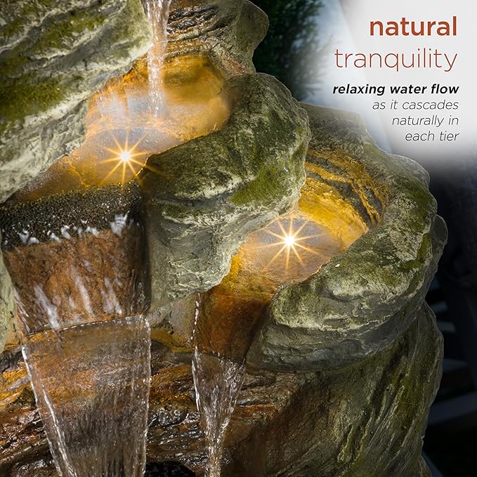 Alpine Corporation WIN1092 Outdoor Multitiered Rock Waterfall Floor Fountain with Warm White LED Lights, 51" Tall, Brown
