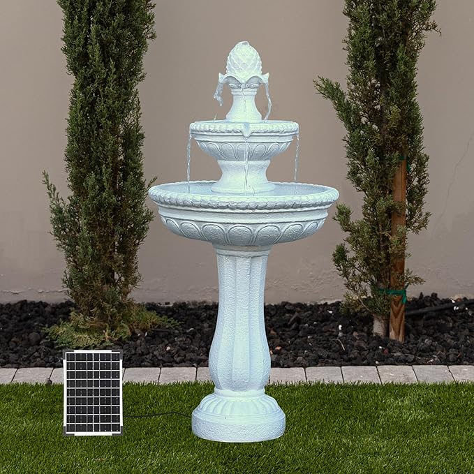 XBrand 39" 2-Tier Outdoor Freestanding Solar Water Fountain - Classic Design, White Resin Bird Bath with Pump - Ideal for Yard, Lawn and Garden, Porch Décor