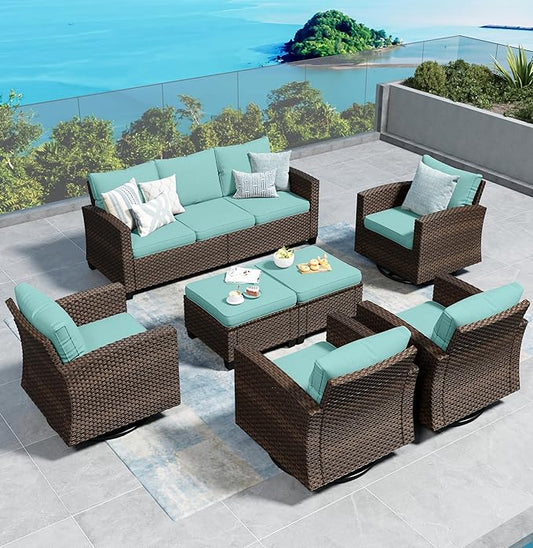 Swivel Glider Patio Furniture Set Outdoor Furniture Brown Wicker Rattan Patio Conversation Sets with Cushion Outside Sofa Set,7 Pieces,9 Seats,Blue
